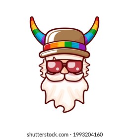 Funky old gay with beard, summer sunglasses, and funny hat with LGBT rainbow horns isolated on white background. Gay pride icon, symbol or homosexual graphic label for printing on tee