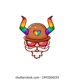 Funky old gay with beard, summer sunglasses, and funny hat with LGBT rainbow horns isolated on white background. Gay pride icon, symbol or homosexual graphic label for printing on tee