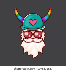 Funky old gay with beard, summer sunglasses, and funny hat with LGBT rainbow horns isolated on grey background. Gay pride icon, symbol or homosexual graphic label for printing on tee