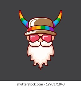 Funky old gay with beard, summer sunglasses, and funny hat with LGBT rainbow horns isolated on grey background. Gay pride icon, symbol or homosexual graphic label for printing on tee