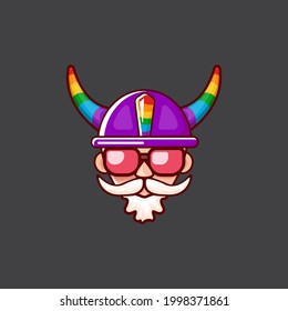 Funky old gay with beard, summer sunglasses, and funny hat with LGBT rainbow horns isolated on grey background. Gay pride icon, symbol or homosexual graphic label for printing on tee