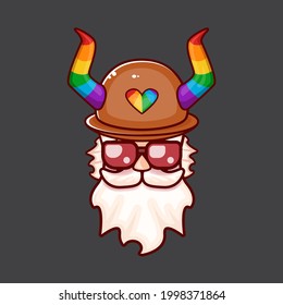 Funky old gay with beard, summer sunglasses, and funny hat with LGBT rainbow horns isolated on grey background. Gay pride icon, symbol or homosexual graphic label for printing on tee