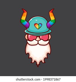 Funky old gay with beard, summer sunglasses, and funny hat with LGBT rainbow horns isolated on grey background. Gay pride icon, symbol or homosexual graphic label for printing on tee