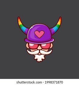 Funky old gay with beard, summer sunglasses, and funny hat with LGBT rainbow horns isolated on grey background. Gay pride icon, symbol or homosexual graphic label for printing on tee