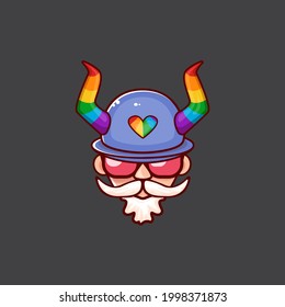 Funky old gay with beard, summer sunglasses, and funny hat with LGBT rainbow horns isolated on grey background. Gay pride icon, symbol or homosexual graphic label for printing on tee