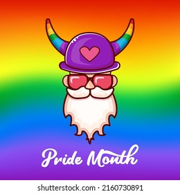 Funky old gay with beard, summer sunglasses, and funny hat with LGBT rainbow horns isolated on gradient with pride colors flag. Gay pride icon, symbol or homosexual graphic label for printing on tee