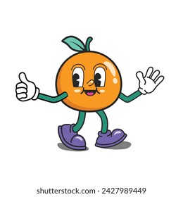 Funky orange cartoon character, waving hand, thumb up. Orange mascot wearing glove and shoes. Groovy Retro cartoon characters for icon, mascot, logo, label, poster, banner, print, sticker, clip art
