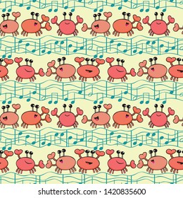 Funky orange cartoon crabs with doodle waves and musical notes. Seamless vector pattern on light yellow background. Great for kids, birthday, bathroom products, giftwrap, packaging, stationery