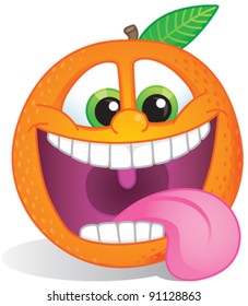 Funky orange fruit character with wide smile and teeth exposed for orange-flavored fruit candy or drink