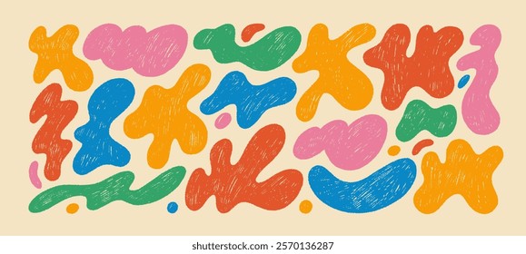 Funky organic liquid shapes and fluid forms drawn by a crayon. Hand drawn textured modern figures. Various bubbles, organic irregular shapes with pencil texture. Crayon drawn colorful forms.