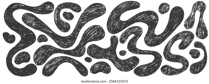 Funky organic liquid shapes and fluid forms drawn by a crayon. Various bubbles, organic irregular shapes with pencil texture. Bold hand drawn lines, spots. Crayon drawn vector forms.