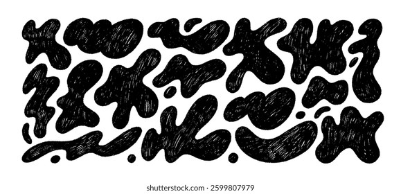 Funky organic liquid shapes and fluid forms drawn by a crayon. Hand drawn textured modern figures. Various bubbles, organic irregular shapes with pencil texture. Crayon drawn black forms.