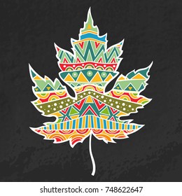 Funky ornate maple leaf. Decorative icon. Stylized label of Canadian national symbol. Colorful design element. Vector illustration.