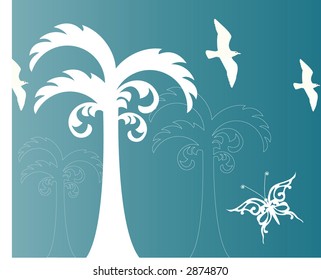 funky palm with butterfly and birds vector