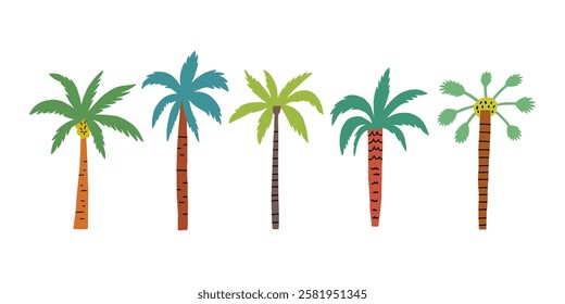 Funky Palm Tree Cartoon Set. Tropical Coconut Plant Graphic Collection. Flat Vector Illustration