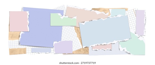 Funky paper collage background with torn notebook sheets and ripped edges. Pastel colored paper scraps, grid textures and tape pieces arranged in vintage scrapbook style for y2k banners design.