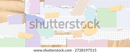 Funky paper collage background with torn notebook sheets and ripped edges. Pastel colored paper scraps, grid textures and tape pieces arranged in vintage scrapbook style for y2k banners design.