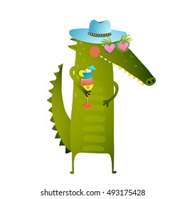 Funky Party Cocktail Crocodile Wearing Hat Character. Funny drinking cute crocodile celebrating event. Animal wearing clothes, hat and sunglasses. Vector cartoon.
