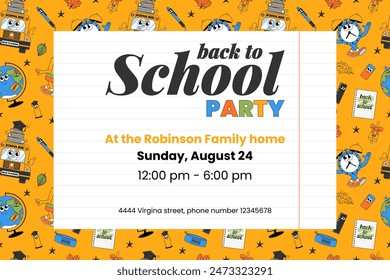 Funky party invitation with retro groovy characters. Back to school and education concept. Contemporary vector illustration.