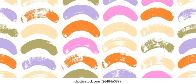 Funky pastel colored seamless pattern with brush drawn curved lines or arches. Hand drawn texture curved bold lines. Bold round shapes and waves seamless pattern. Whimsical geometric wrapping paper.