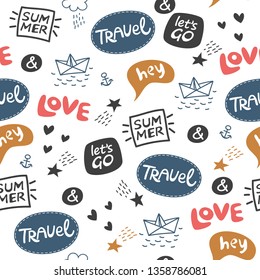 funky pattern with emblem symbols stickers and labels of summer travel. Trendy vector hand drawn illustration  for wrapping paper, textile print, wallpaper