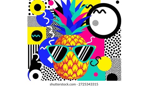 A funky pineapple art piece featuring retro geometric patterns and a vibrant color scheme. The pineapple is wearing sunglasses, adding a cool and trendy touch to the design. This eye-catching image