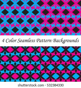 Funky pink blue and black color asterisk, star and diamond shapes seamless pattern background.