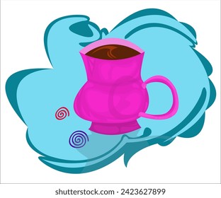 A funky pink cup of hot tea; blue romantic vintage background. This cartoon illustration can be used as a logotype for cafes, cafeterias, bars, tea shops and coffee stores. Vector, isolated.