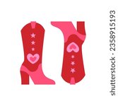 Funky pink disco cowboy boots with hearts and stars. Vector flat illustration of cowgirl boots on isolated background
