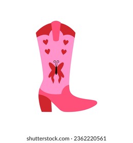 Funky pink disco cowboy boots with hearts and butterfly. Vector flat illustration of cowgirl boots on isolated background