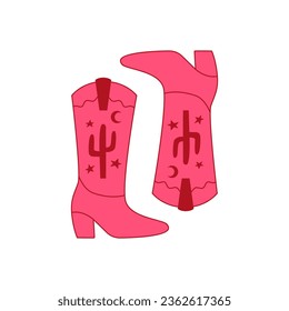 Funky pink disco cowboy boots with cactus and stars. Vector flat illustration of cowgirl boots on isolated background