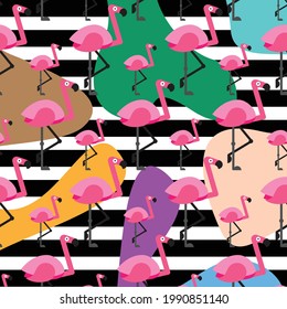 Funky pink flamingo and black stripes vector pattern. Summer vibes and beach life.