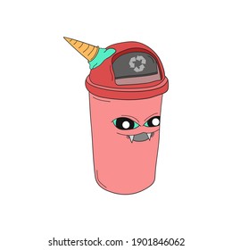 Funky pink funny bin character vector illustration cartoon modern colorful design trashcan clean 