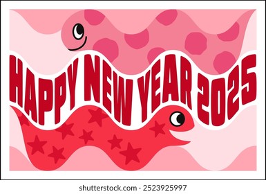 Funky pink New Year's card for 2025, the Year of the Snake, featuring a snake slithering.Landscape orientation, with white border. Vector illustration.