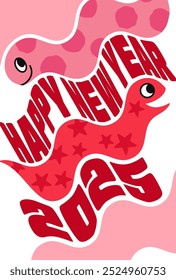 Funky pink New Year's card for 2025, the Year of the Snake, featuring a snake slithering. Vertical  vector illustration.