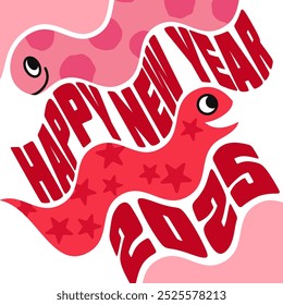 Funky pink New Year's card for 2025, the Year of the Snake, featuring a snake slithering. Square, vector illustration.