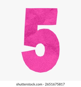 Funky pink number 5 made from crumpled colored paper. Torn and jagged edges in a vibrant, mixed media collage look, fun sticker style.