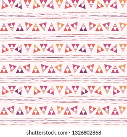 Funky pink, purple and orange triangle and doodle geometric design. Repeat vector pattern on white doodle texture background. Great for children products,gift wrap, stationery, packaging, scrapbooking