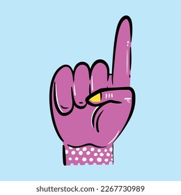 Funky pinkish purple pop colored hand with pointing up gesture, raise a finger up, or one gesture vector illustration isolated. Cartoon art styled decorative sticker with simple flat art style.