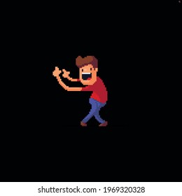 Funky pixel art character in red t-shirt and blue pants pointing on something while bending in funny posture