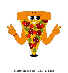 Personagem fatia de pizza funky com pepperoni, tomates, manjericão em estilo moderno retro groovy. Mascote de fast food psicodélico com rosto sorridente e mãos. Vetor plano em plano de fundo transparente 