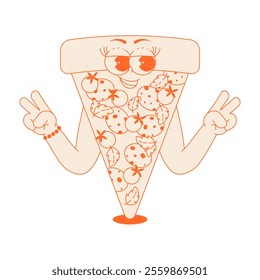 Funky pizza slice character with pepperoni, tomatoes, basil in trendy retro groovy style. Psychedelic fast food mascot with smiling face and hands. Flat vector in monochrome palette