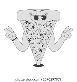 Funky pizza slice character with pepperoni, tomatoes, basil in trendy retro groovy style. Psychedelic fast food mascot with smiling face and hands. Flat vector in black monochrome palette
