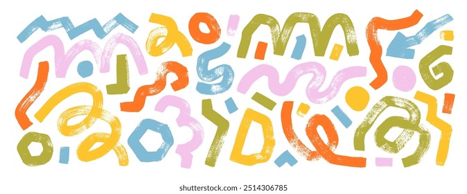 Funky playful squiggle lines, swirls with loops, bold doodle brush strokes. Marker drawn thick curly lines set. Geometric banner with colorful elements in kid's style. Vector figures for collages.