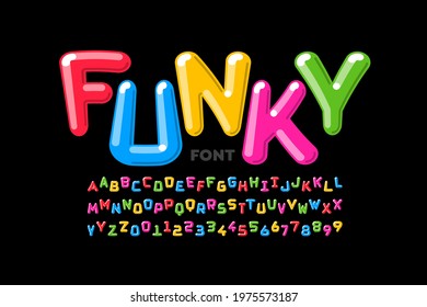 Funky playful style font design, colorful alphabet letters and numbers, vector illustration