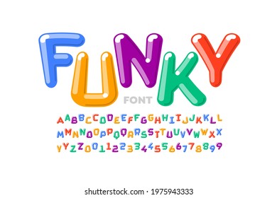 Funky playful style font design, colorful alphabet letters and numbers, vector illustration