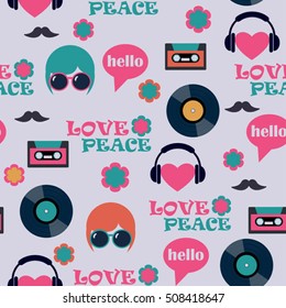 funky pop art hippie seamless vector pattern with vinyls