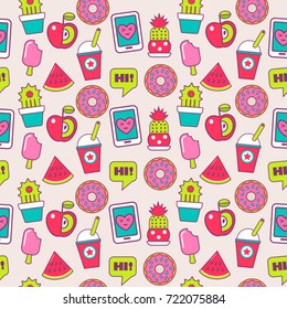 funky pop art seamless vector pattern with stickers and patches