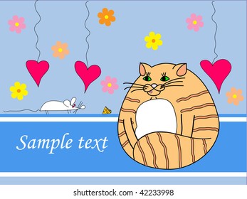 funky postcard with cat and mouse on blue background