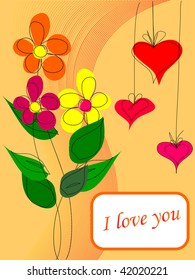 funky postcard with flowers and hearts